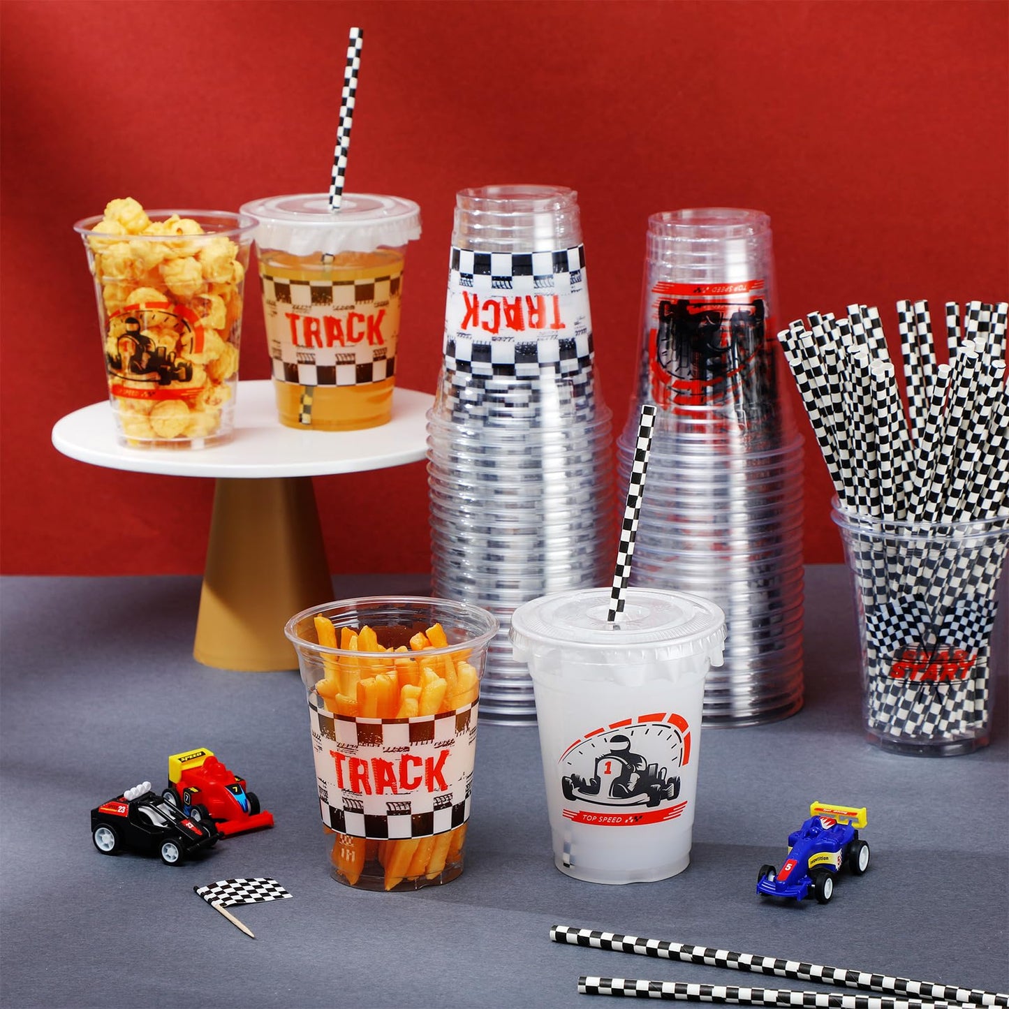 Foldtier 50 Pcs Checkered Racing Party Plastic Cup 12 Oz Checkered Flag Thick Clear Cup Black And White Checkered Cups Race Car