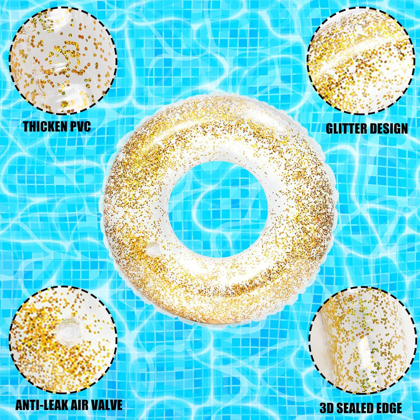 Whaline 4Pcs Inflatable Pool Floats Toys Clear Swim Tubes Rings Glitter Gold Pool Tube For Boys Girls Outdoor Summer Swimming Po