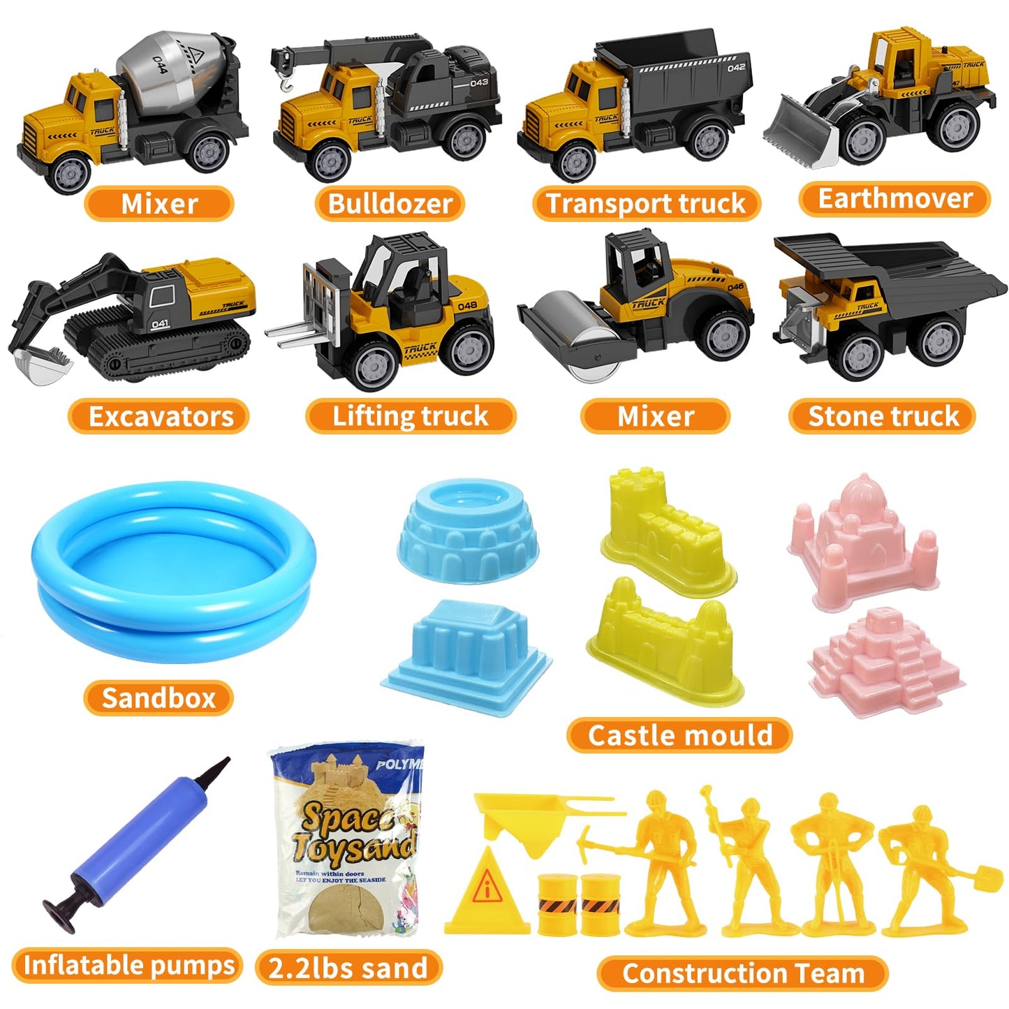 Play Construction Sand Kit,2.2lbs Magic Sand,8 Alloy Construction Vehicles,1 Inflatable Sandbox,8 Worker Figures and Road Signs,
