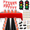 Race Car Party Supplies - 12 Traffic Cones With Holes on Top, 24 Checkered Flags, Checkered Race Car Party Tablecloth, Wheel Tir