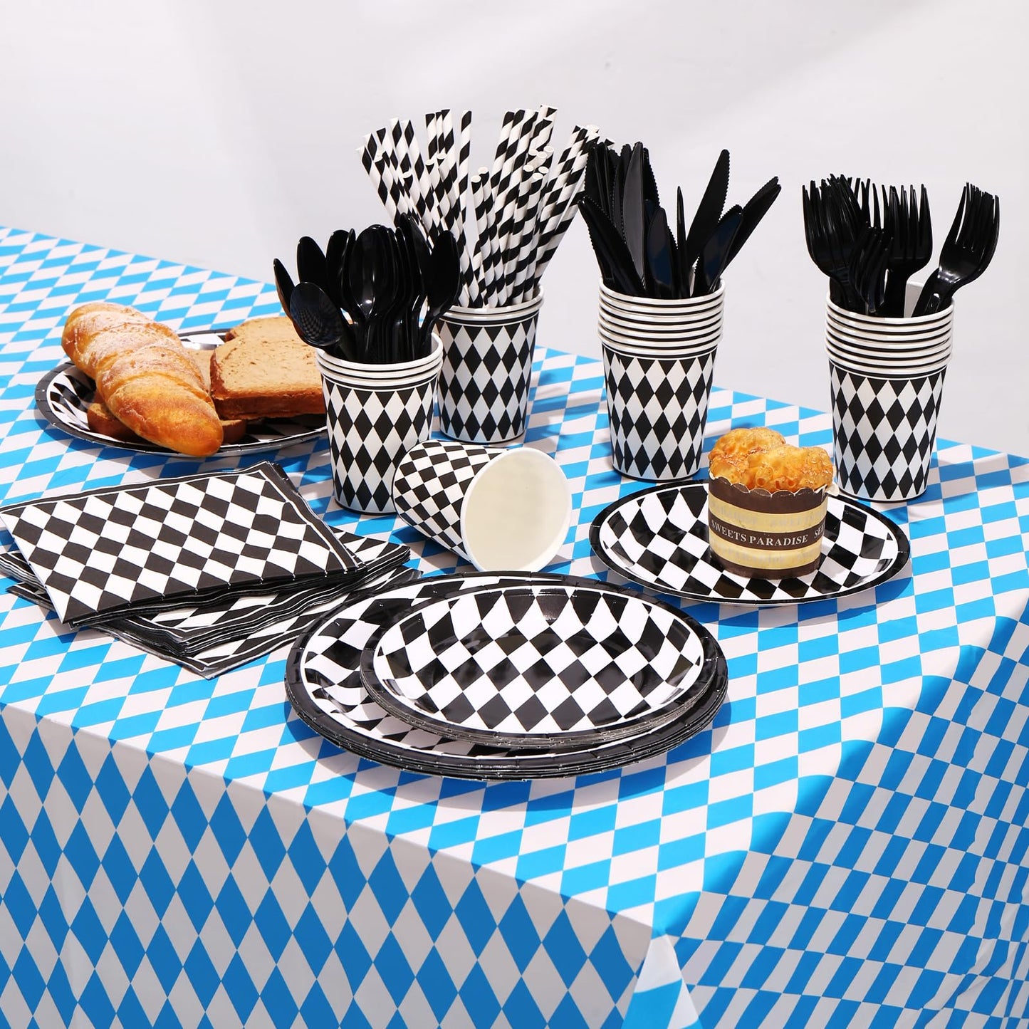 3Pcs Blue & White Checkered Table Cloths For Oktoberfest Wonderland Tea Party Supplies, Rectangle Plastic Tablecover 54 X 108In