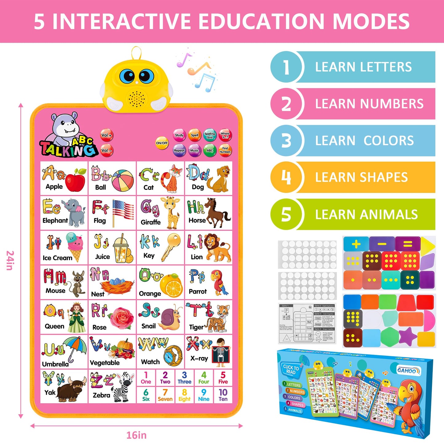 GaHoo Interactive Alphabet Wall Chart - Talking ABCs & 123s Music Poster, Educational Toy for Toddlers 1-5, Fabric, Pink, Model B010
