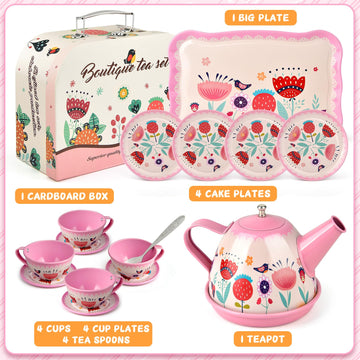 Tea Party Set for Little Girls, Flower Tea Set Toys for Girls Age 3 4 5 6 Year Old, Toddler Kids Kitchen Pretend Play Toys with