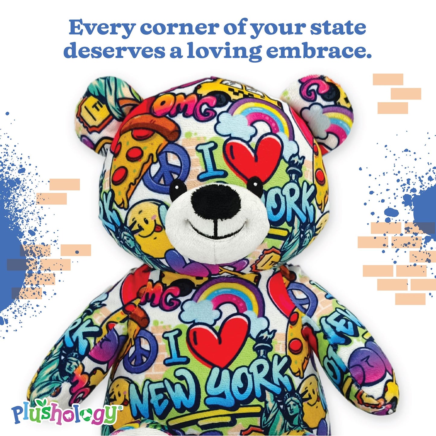 PLUSHOLOGY I Love New York Graffiti Teddy Bear Eco Friendly Stuffed Animal; Cuddly Soft Velboa Plush Animal for Kids 3 Years Old to mature-themeds; Child-Safe Embroidered Face Details (10 Tall When Seated)