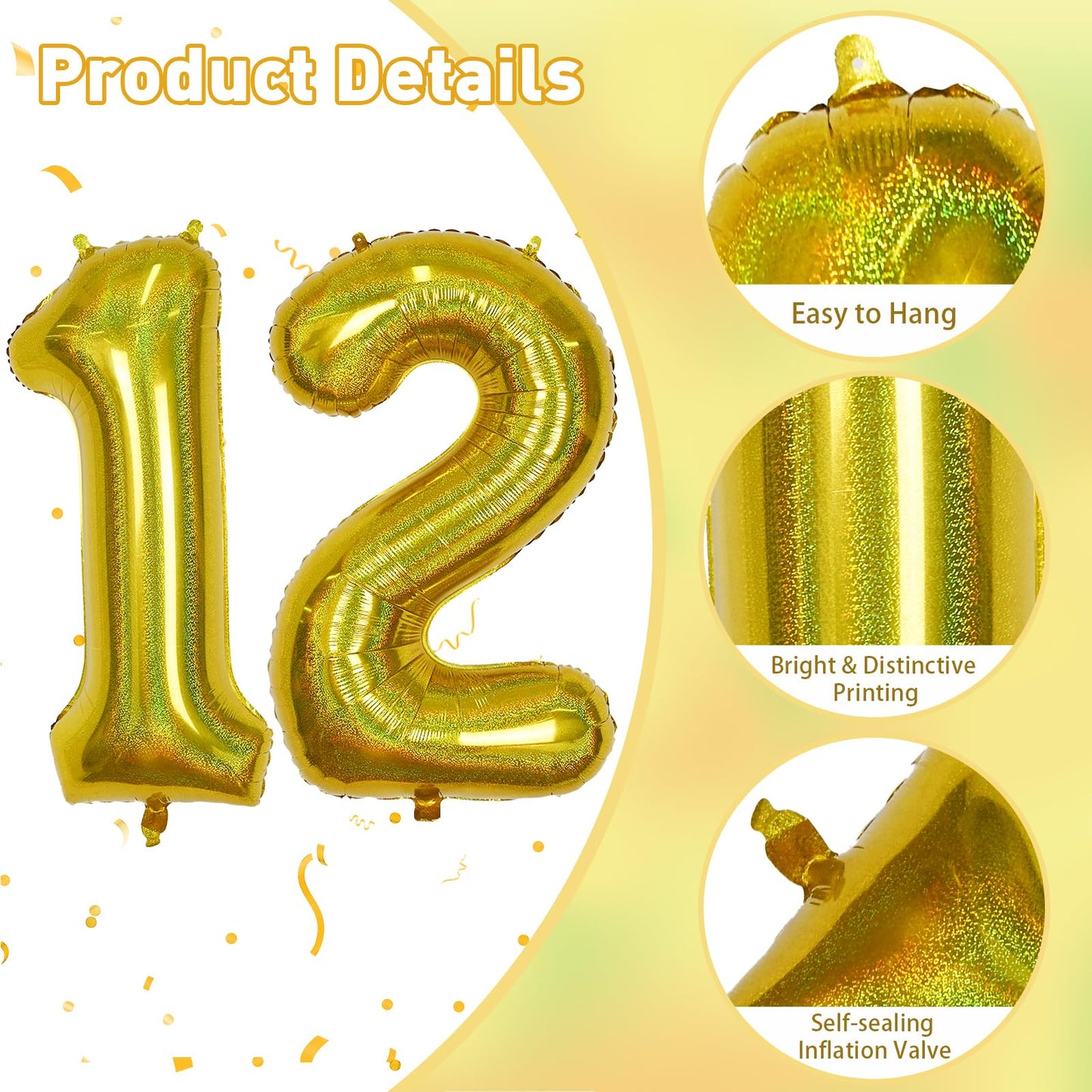 12Th Birthday Balloons For Boys, Big Laser Gold Foil Number 12 Balloons Anniversary Party Decor, Mylar Self Inflating Helium 40