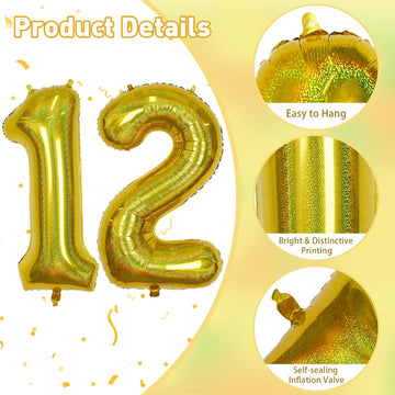 12Th Birthday Balloons For Boys, Big Laser Gold Foil Number 12 Balloons Anniversary Party Decor, Mylar Self Inflating Helium 40