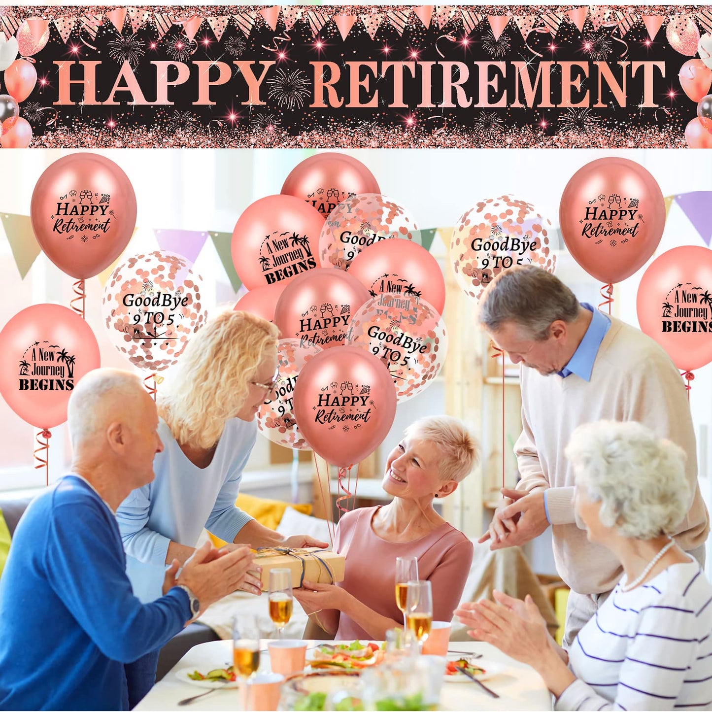 Happy Retirement Decorations For Women Large Rose Gold And Black Happy Retirement Banner Yard Sign With 18Pcs Rose Gold Retirement Balloons For Women Men Retirement Farewell Anniversary Party Supplies