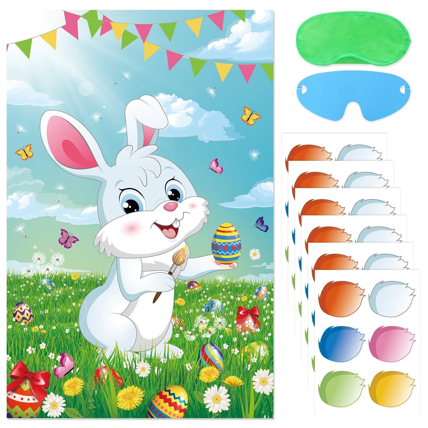 Pin The Tail On The Bunny Easter Games For Kids Easter Party Games Birthday Party Happy Easter Party Decoration Supplies Easter Egg Hunt Activities, Large Bunny Game Poster With 36 Tail Stickers