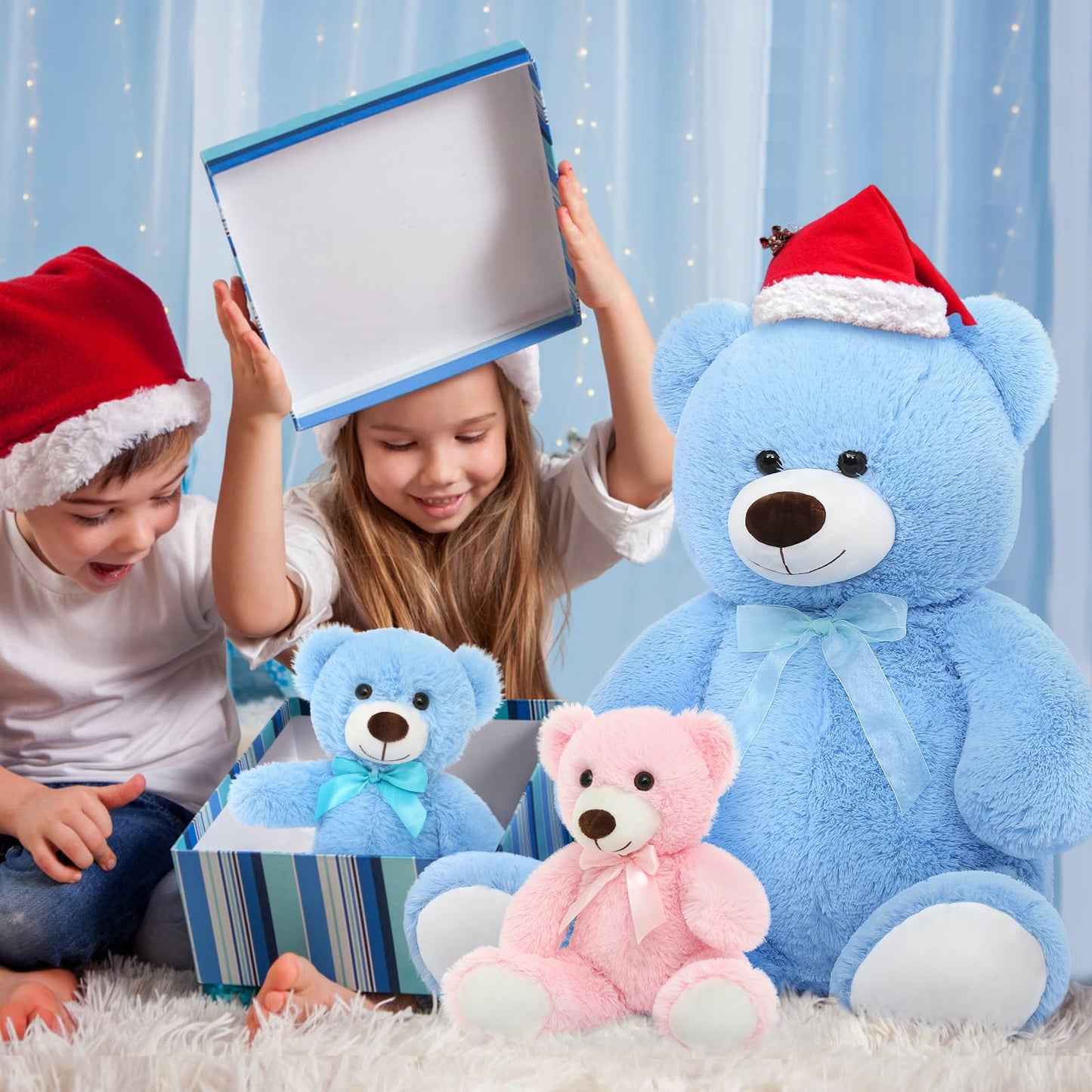 Morismos Giant Teddy Bears With Babies, Large Mommy Bear With 2 Babies Stuffed Animals For Baby Shower, Big Bear Plush For Christmas, Blue, 36 Inch