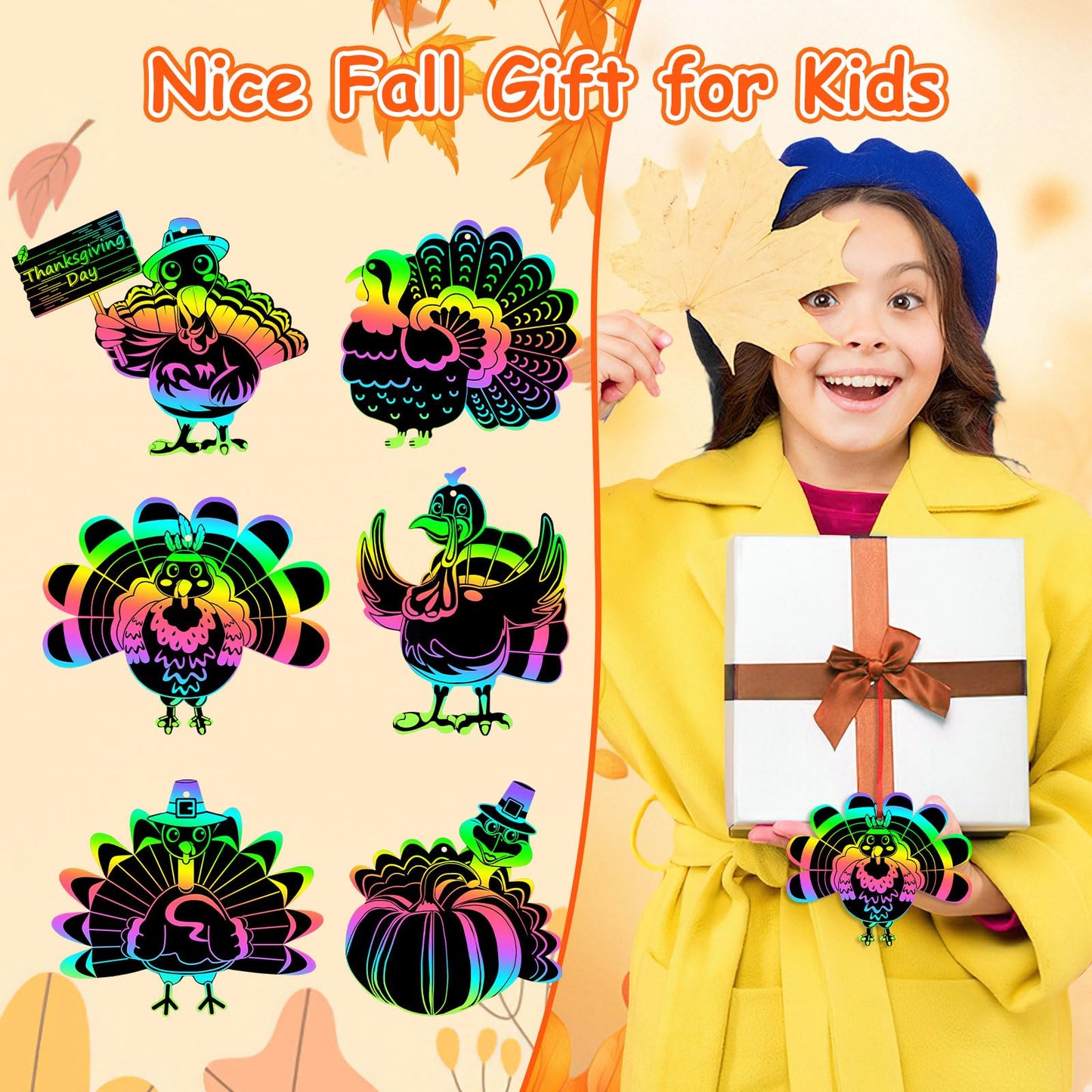 JULMELON 36Pcs Thanksgiving Fall Arts and Crafts, Rainbow Scratch Paper Art Cute Turkey Crafts for School Classroom Activity Aut