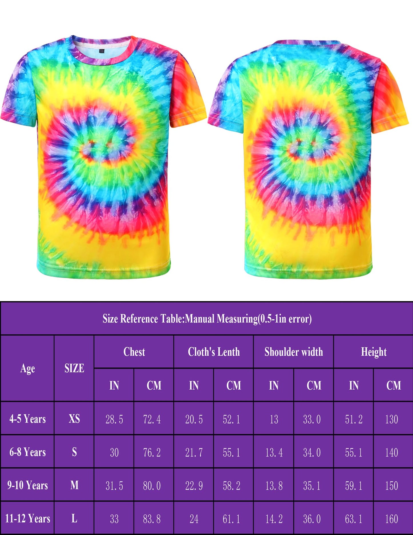 Inrajoper Boys 4 Pcs Hippie Costume Accessories Set 60S 70S Colorful Kids Fun Tie Dye T-Shirt For Theme Party 11-12 Years Rainbo