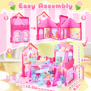 Amidear Foldable Dollhouse 2024, Dream 3-Story Princess Doll House Playset With Furniture Slide, Pink Toddler Toy House For 3 4