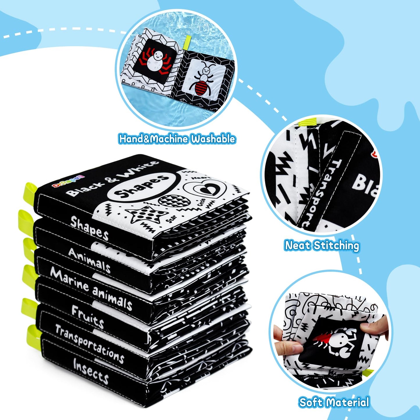 Dr.Rapeti Soft Cloth Books Baby Books Bath Books 6-Pack for Baby Infant Toddler Kids High Contrast Black and White Crinkle Washa