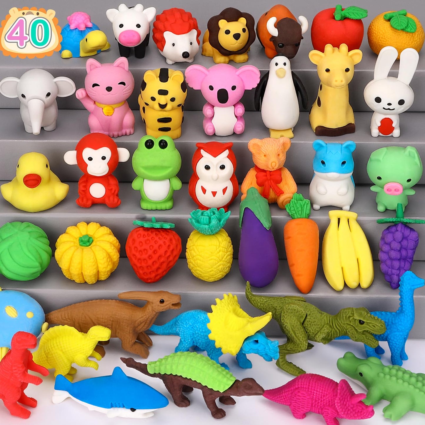 Arscniek 40 Pack 3D Puzzle Animal & Food Erasers for Kids, Take Apart Mini Pencil Erasers, Bulk Party Favors, Classroom Prizes,