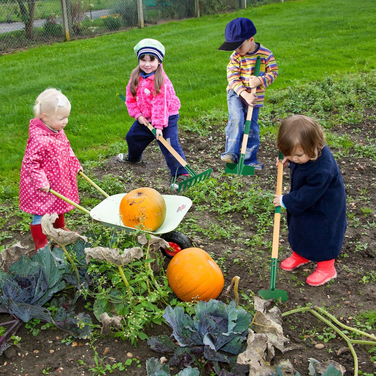 Duckura Kids Gardening Tools Set - 7Pcs Garden Tool For Kids With Shovel, Rake, Hoe, Leaf Rake, Outdoor Summer Yard Lawn Digging