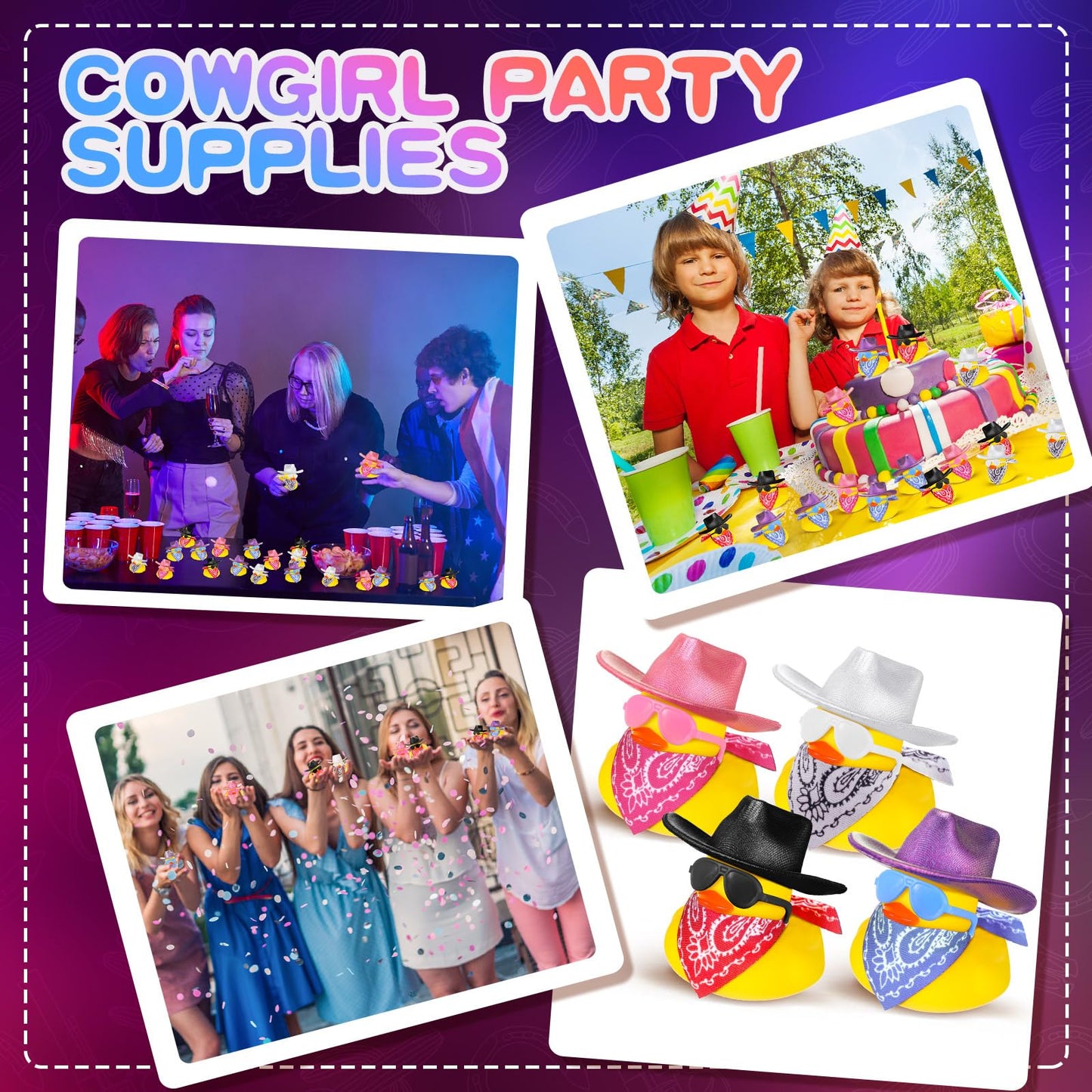 Hanaive 24 Sets Disco Cowboy Rubber Duck with Light up Mini Holographic Space Hat Scarf Sunglasses Cute Bath Rubber Duck Bathtub Accessories Toy Baby Shower Birthday Christmas Supplies (Bright Neon)