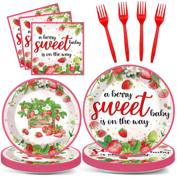 Gisgfim 96Pcs Strawberry Baby Shower Party Supplies Sweet Berry Paper Plates Napkins Summer Strawberry Birthday Tableware Set Fo