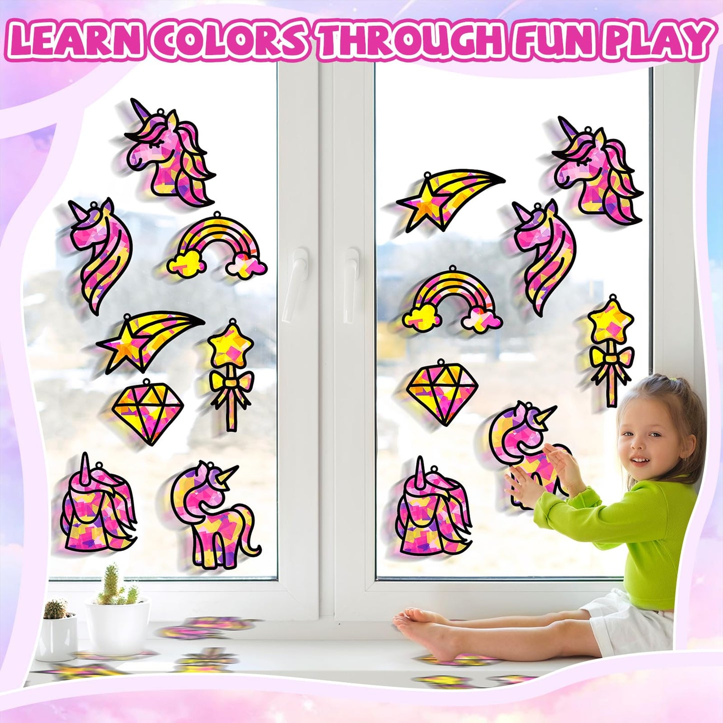 QOUBAI 32 Sets Unicorn Rainbow Suncatchers Craft Kit DIY Window Stained Glass Effect Diamond Star bow Paper Crafts Home School C