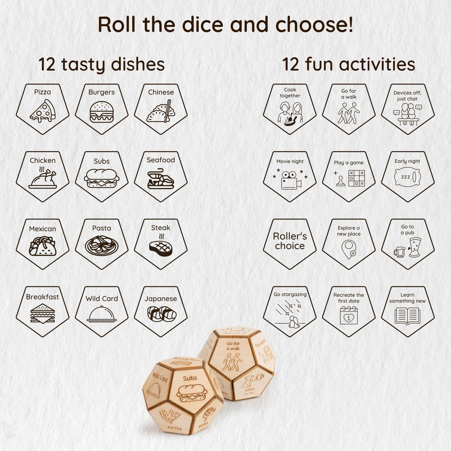 2 Pcs Wooden Dodecahedron Food & Activity Dices Decider, 12 What To Eat And Do For Dinner Decision Dice Date Night Ideas, Valent