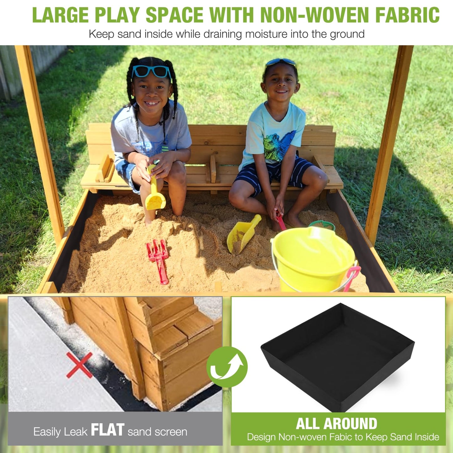 Gutinneen Sandbox With Lid And Cover For Kids Outdoor With 2 Foldable Bench Seats, Adjustable Canopy And Sand Protection Liner,