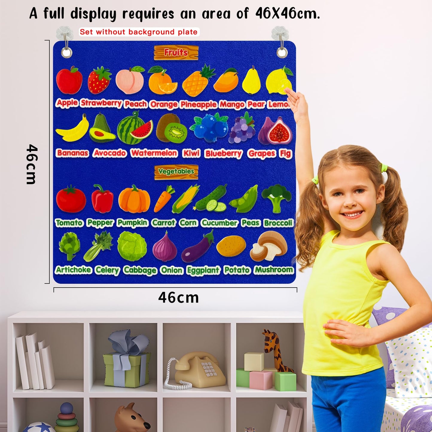 PENGFULL Felt Fruits and Vegetables Learning Pieces,62 Felt Board Pieces for Felt Flannel Board,Learn Common Fruits and Vegetabl