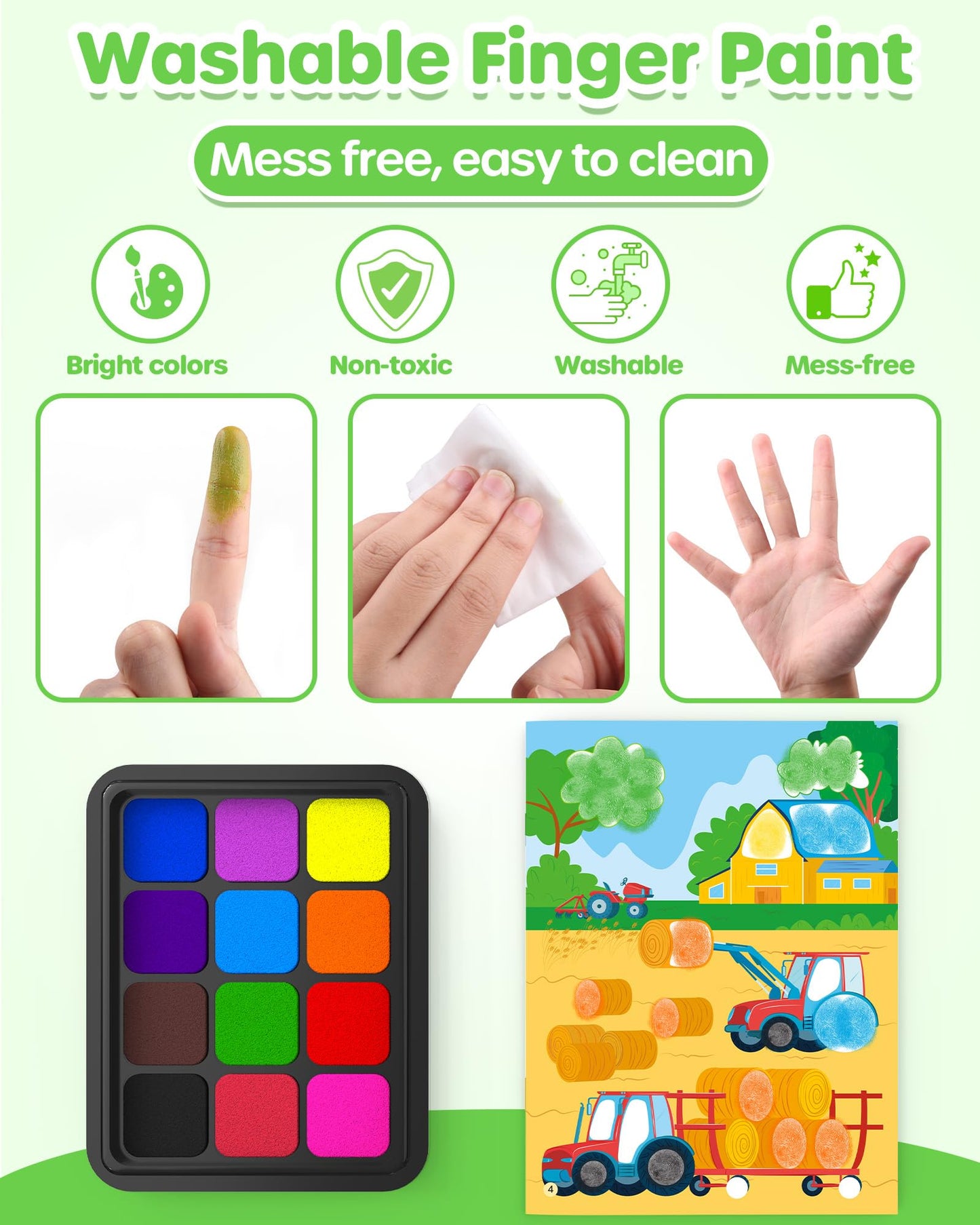 D-FantiX Dot Art Sticker Activity Book with Ink Pad, Mess-Free Finger Painting for Toddlers, Dinosaur, Animal, Outer Space, Vehi