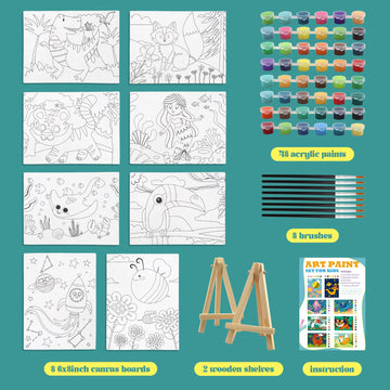 8 Packs Predrawn Canvas for Painting Kids Paint Canvas for Kids, 48 Paints, 8 Brushes 2 Easels, 8 6x8 Printed Canvas for Girls B