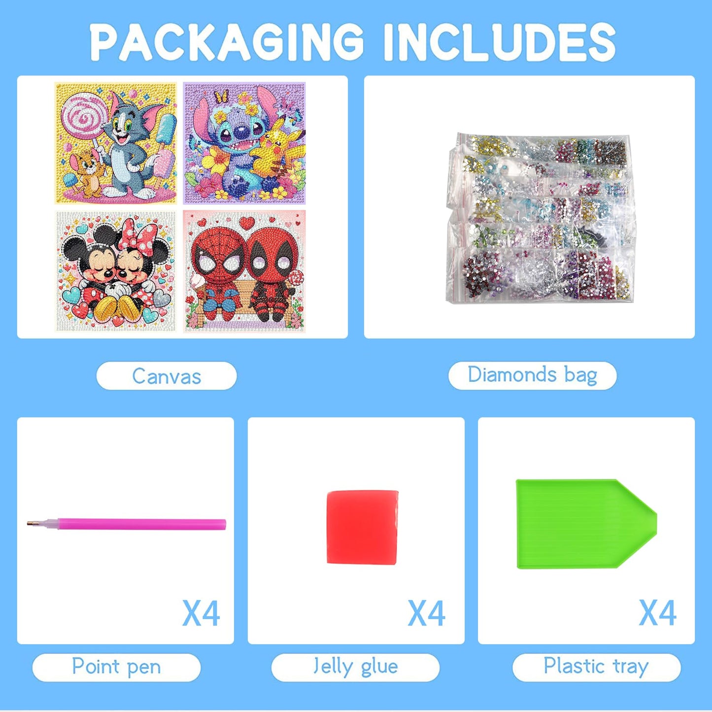 Fuinkqe 4 Packs Diamond Art Kits for Kids, 5D DIY Mosaic Painting, 8X8 Inch, Acrylic, Full Round Drills, JXDXZ19-JXDXZ
