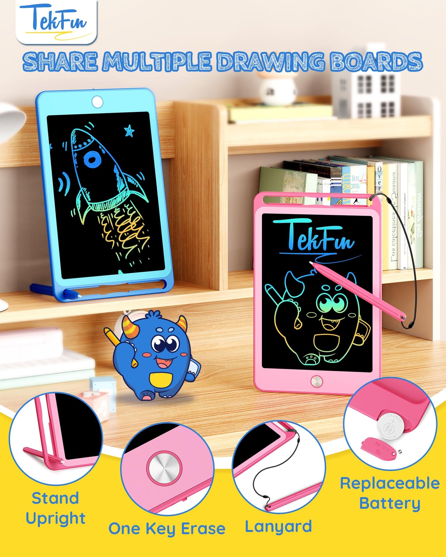 Tekfun 2 Pack Lcd Writing Tablet For Kids, 10 Inch Blue+Pink Doodle Board Drawing Board Reusable Drawing Tablet With Lanyard, Ed