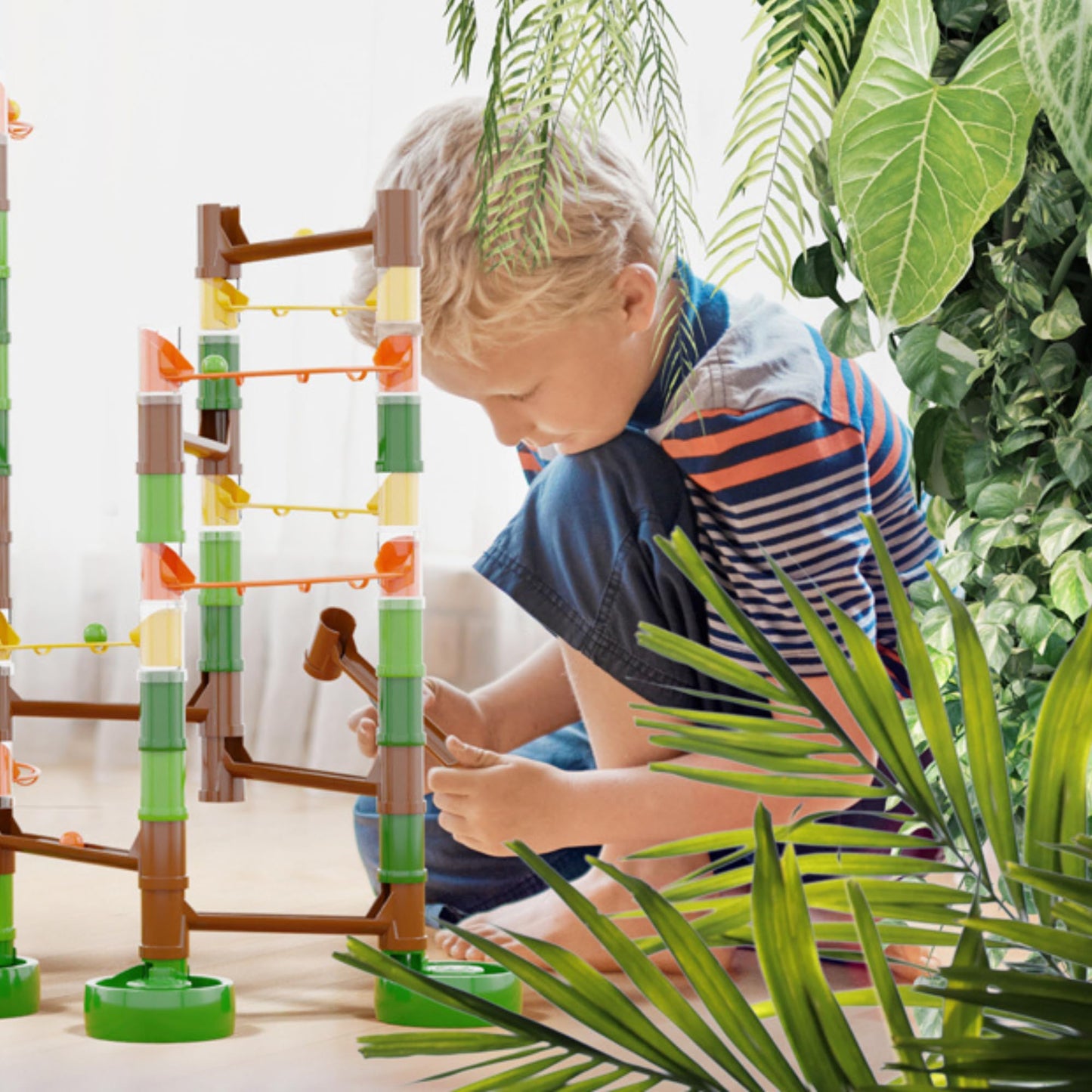 Quercetti Migoga Jungle Marble Run Toy - 110 Piece Set With 12 Colored Marbles And Multi-Start For Simultaneous Launches, Promotes Stem Learning And Building Skills, For Kids Ages 4 Years And Up