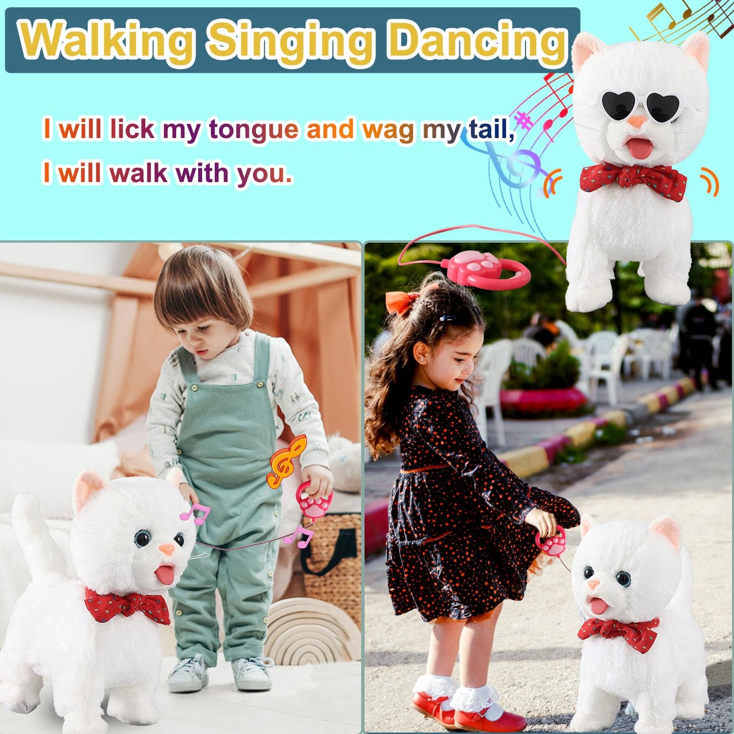 White Leash Walking Cat Set Interactive Talking Cat Singing Dancing Kitten Mimicking Repeat What You Say Kitty Touch and Voice C