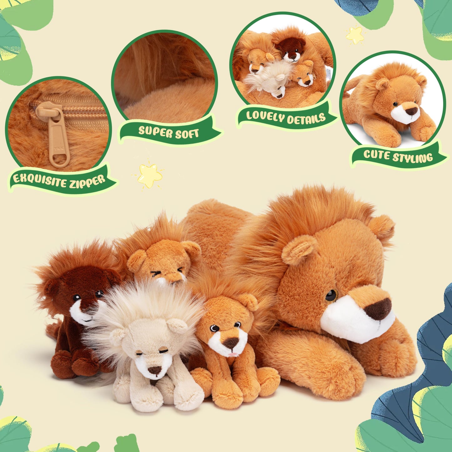 Ikasa Mommy Lion Stuffed Animal Mom And Baby Plush Toy, Cute 17'' Soft Small Mama Family Set Cuddly Toys With Little Mini Babies