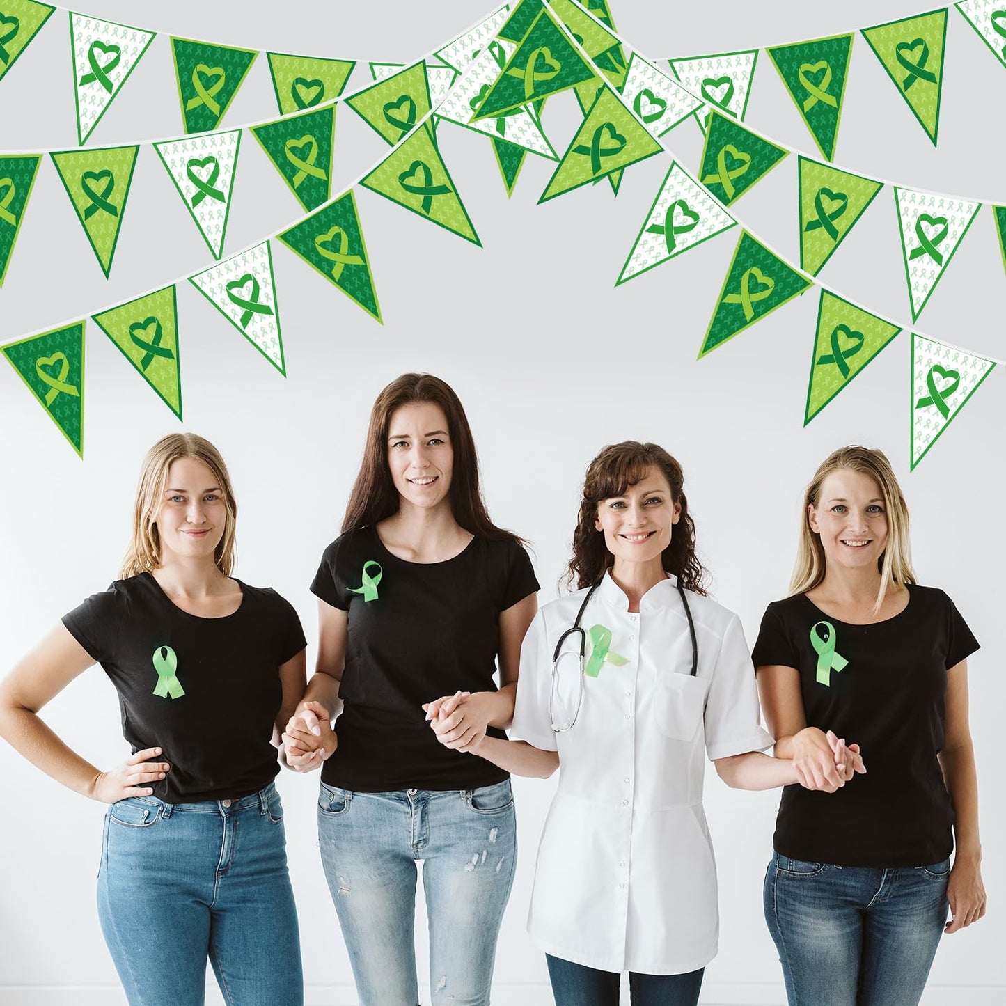 Tatuo 5 Pcs 49 ft Mental Health Awareness Decoration Green Ribbon Pennant Banner Mental Health Triangle Flag Banner Pre-Assemble