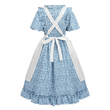 LTAKK Pioneer Dress Girls Colonial Costume Prairie Pilgrim Girl Dresses with Pinafore, Indigo Blue, Small, age over 4 years old