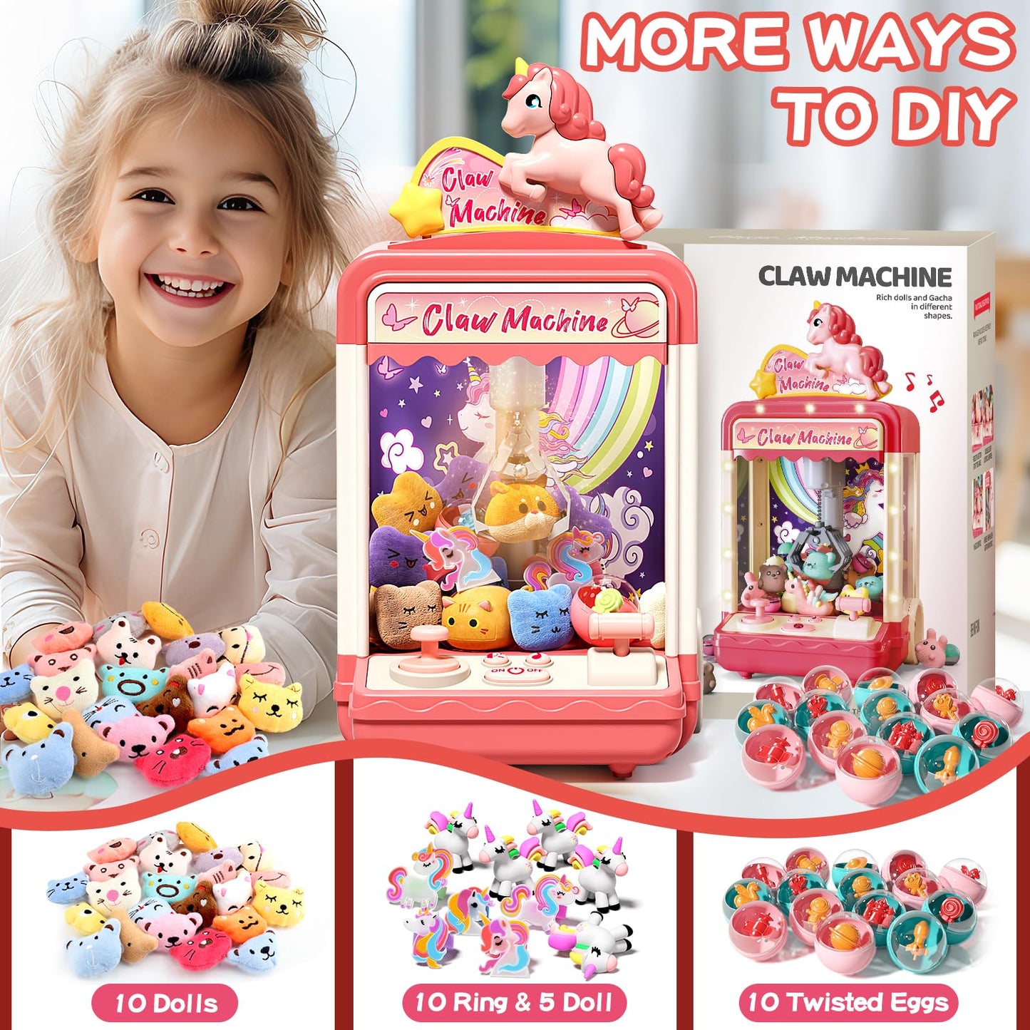 Aiqi 35 PCS Kids Claw Machine, Mini Candy Vending Grabber, Prize Dispenser Toys for Girls and Boys, Electronic Claw Game Machine