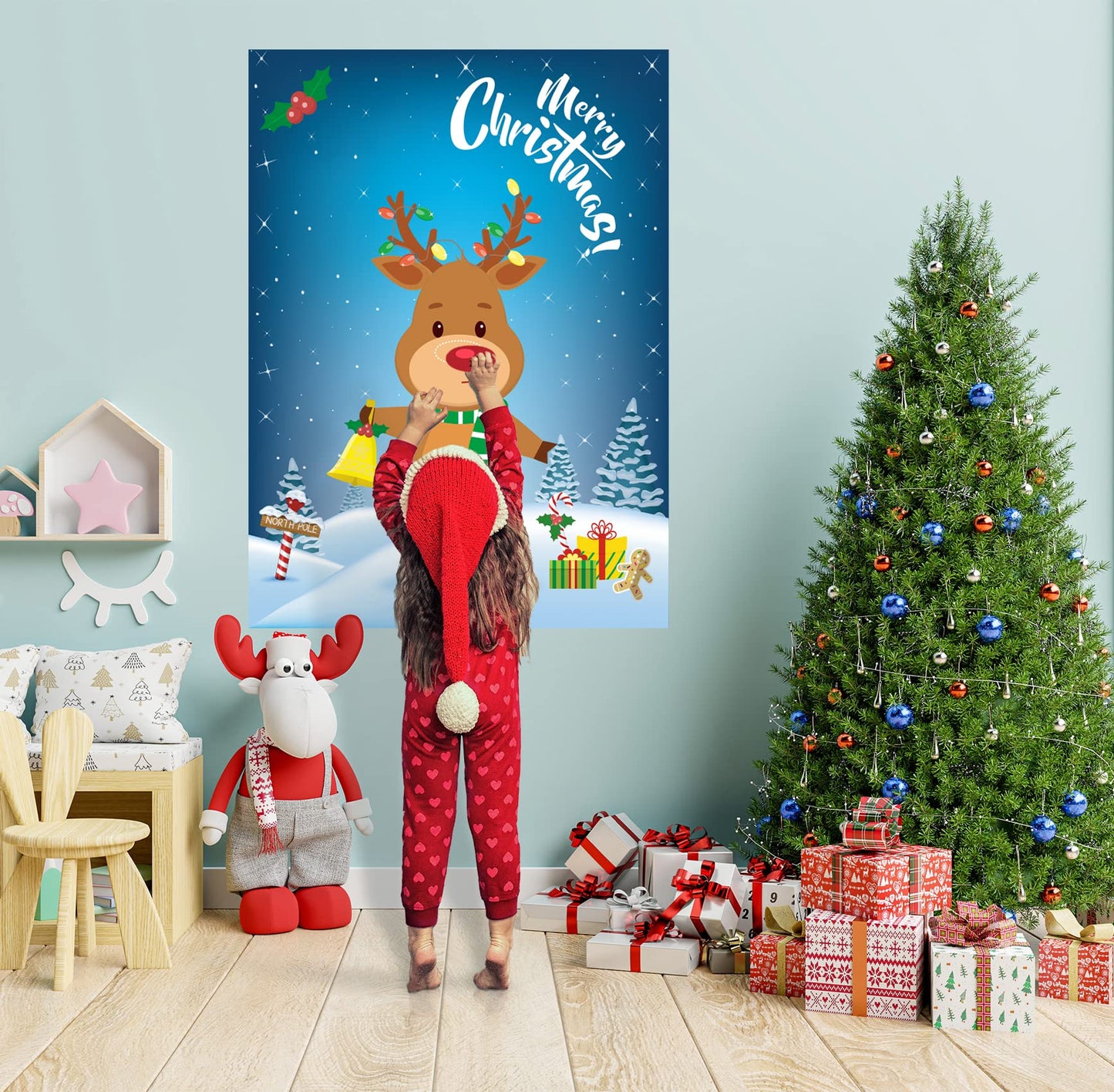 Funnlot Christmas Games for Kids - Pin The Nose on The Reindeer, 24 Reusable Noses Stickers & Blindfold, Holiday Party Fun for All Ages
