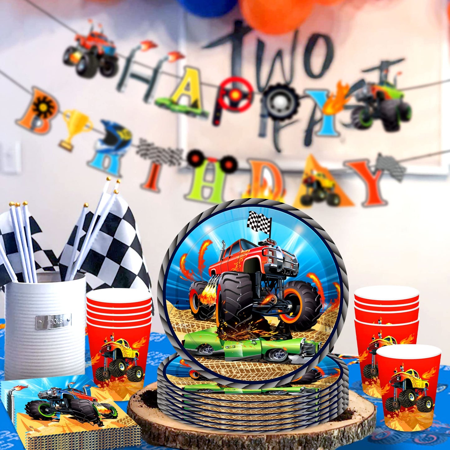 Roaring Good Time 60 Pcs Monster Trucks Birthday Decoration Kit - Monster Trucks Party Plates, Napkins, Tablecloth, Banner & Accessories - Red, Cartoon Theme