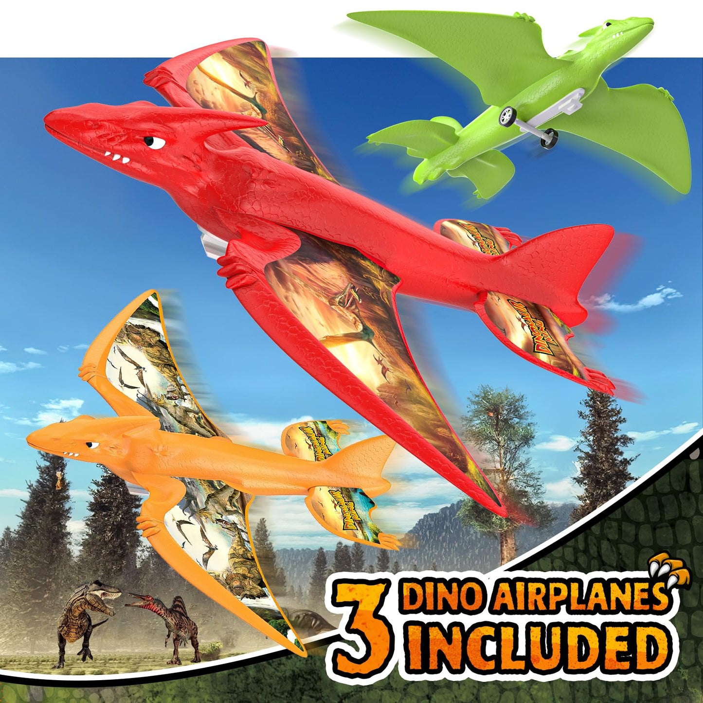 3 Pack Dinosaur Airplane Launcher Toys For Kids, Foam Airplanes For Kids Boys Toys With Stickers, Outdoor Flying Toys Birthday Gifts For 4 5 6 7 8 9 10 12 Year Old Boys Girls.