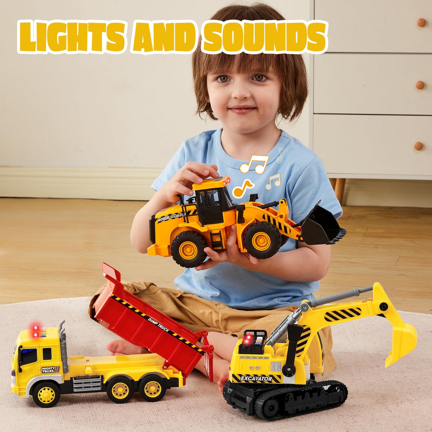 JOYIN 3 Pack Construction Toy - Excavator, Dump Truck and Loader, Moveable Claw & Lifting Back, Construction Truck Toy, Christma