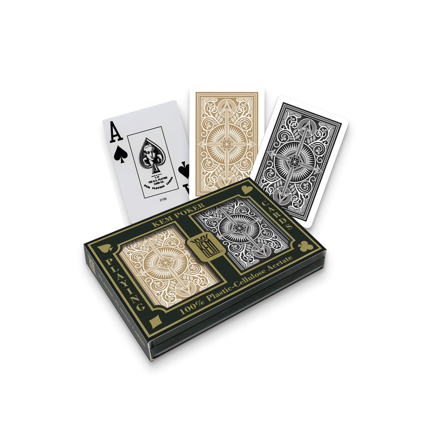 Kem Arrow Poker Size Playing Cards: 2 Deck Set Black And Gold, Wide Jumbo Index
