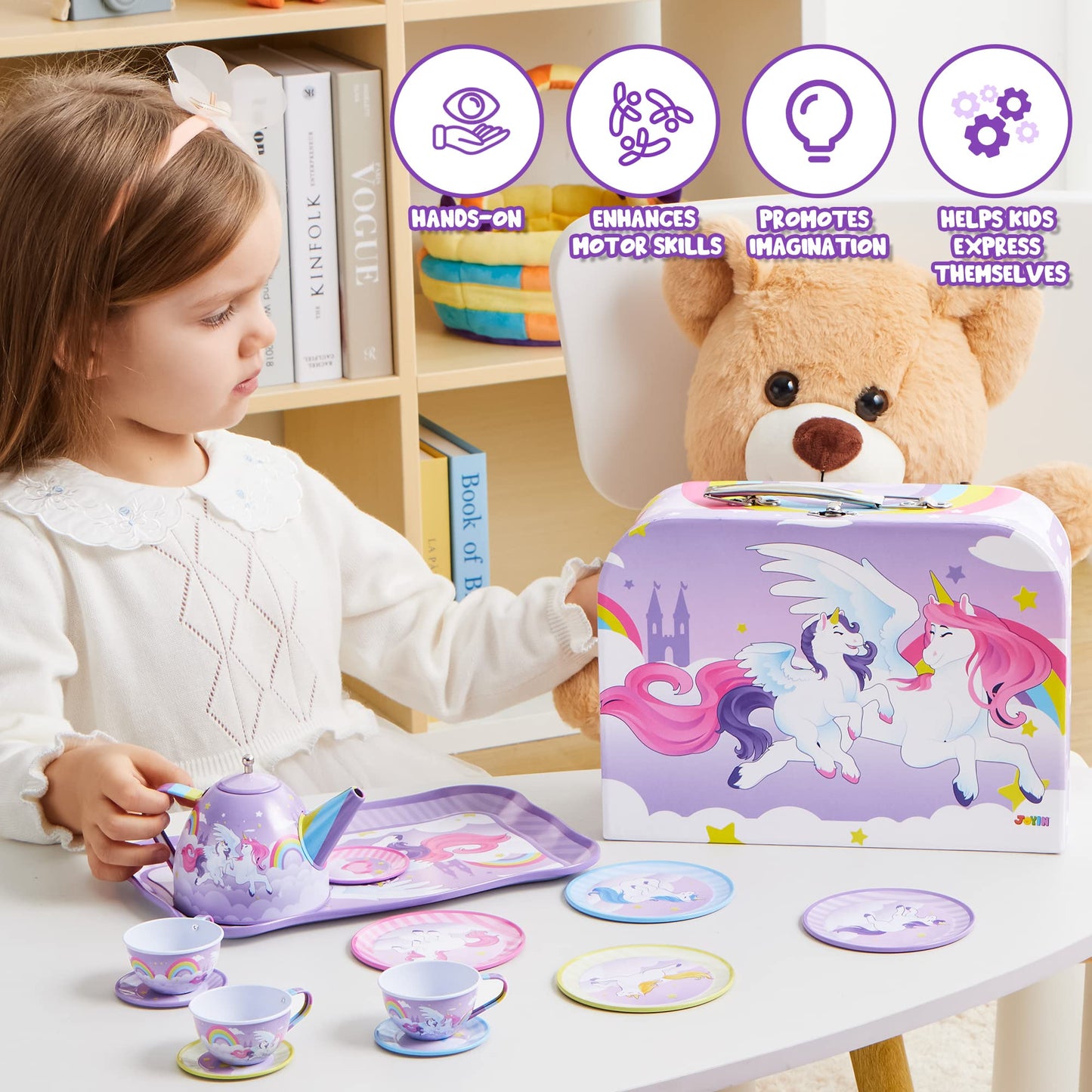 JOYIN Unicorn Tea Party Set for Little Girls, Pretend Purple Tin Teapot Set, Princess Tea Time Play Kitchen Toy with Teapot, Cup
