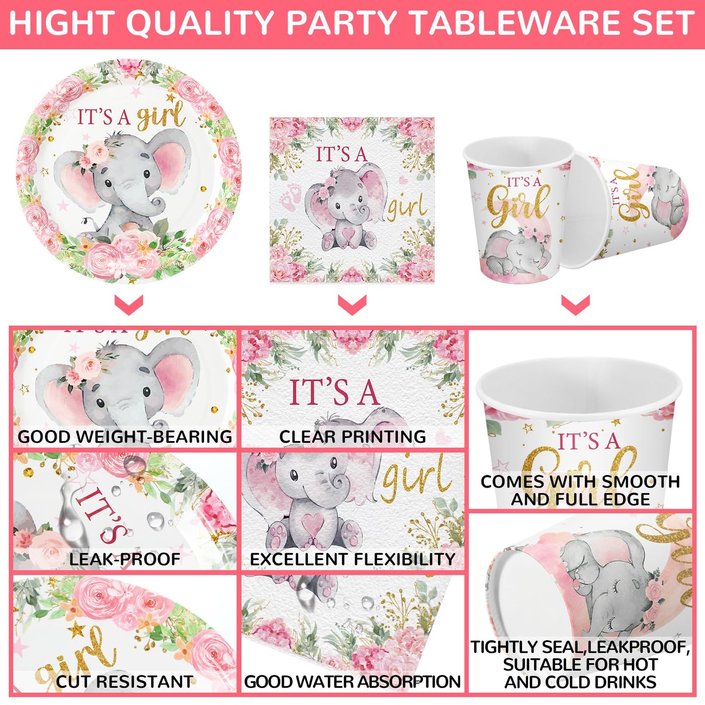 Hushee 200 Pcs Pink Elephant Baby Shower Paper Plates Napkins Cups It'S A Girl Baby Shower Party Supplies Tableware Set Pink Dis