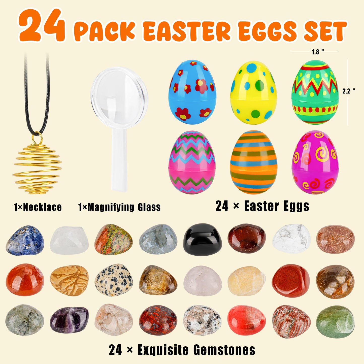 Oliker Easter Basket Stuffers, 24 Pcs Prefilled Easter Eggs With Gemstone Crystals For Egg Hunt, Classroom Prize Supplies Birthd
