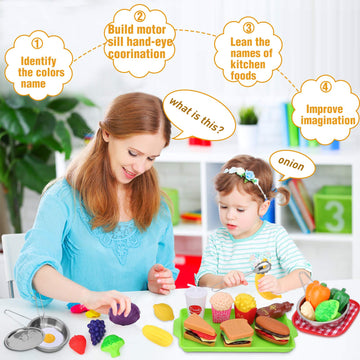 Play Food Sets for Kids Kitchen, Play Kitchen Accessories 46Pcs, Stainless Steel Cookware Pots and Pans Set with CuteApron, Cutt