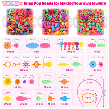 Funtopia Pop Beads, 700+ Pcs Arts and Crafts for Kids 4-6, Snap Beads DIY Bracelet Necklace Ring Anklet Set, Birthday Party Crea