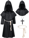 Kids Medieval Renaissance Monk Costume Priest Friar Wizard Cloak Hooded Robe Cosplay Costume Belt Necklace Set(Bk 150)
