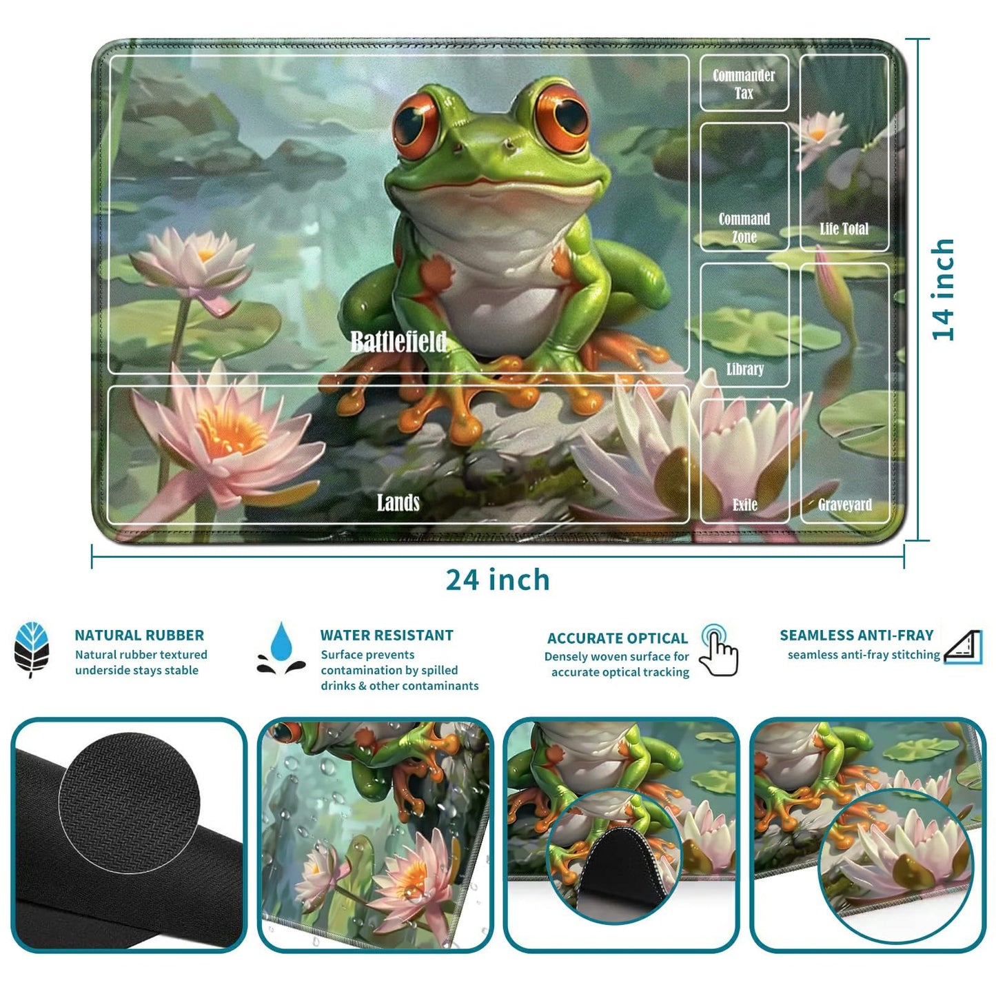 Rwutytiul Frogs Card Playmat 24 X 14 Inch With Tube Bag, Card Gameplay Playmat With Zones Commander Deck Board Mtg Rpg Ccg Tcg C