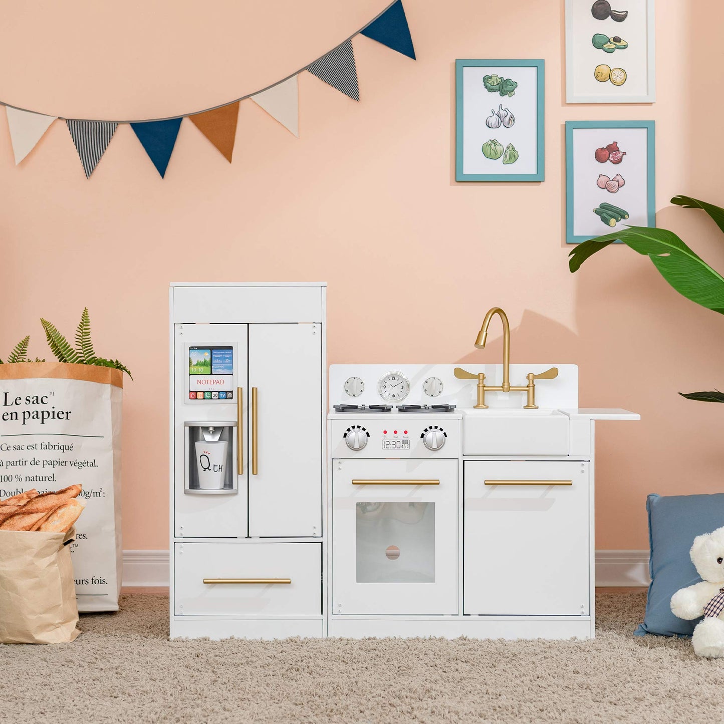 Teamson Kids Little Chef Charlotte Modern Modular Interactive Wooden Play Kitchen with Refrigerator, Stove and Sink in White wit