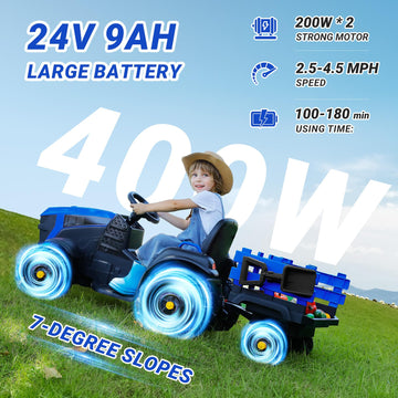 Elemara 24V 9Ah Ride On Tractor With Easy Detachable Trailer, 24V Ride On Toys For Big Kids, 400W Electric Vehicles Ride On Tractor Car With Shovel, All-Terrain Capability, For Ages 3+, Music, Blue