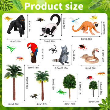 Jexine 25 Pack Rainforest Animals Figures Toys Set Assorted Creatures Rainforest Diorama Supplies Animals Model Trees for Birthd